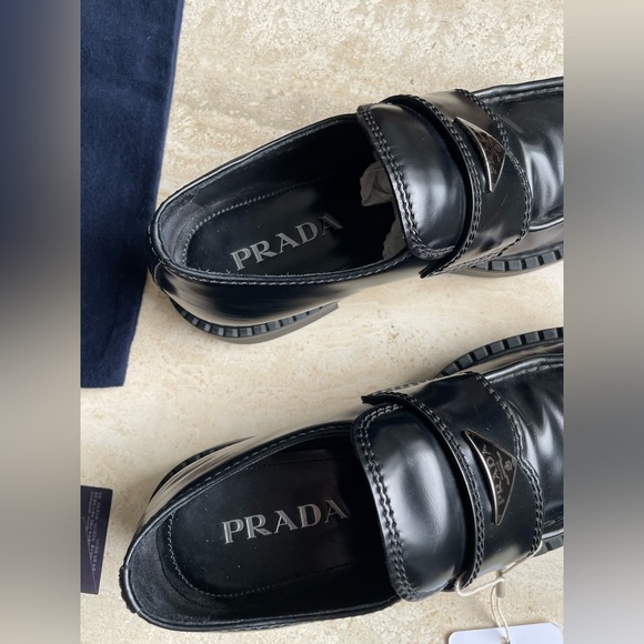 PRADA brushed black leather slip on loafers - Picture 3 of 10
